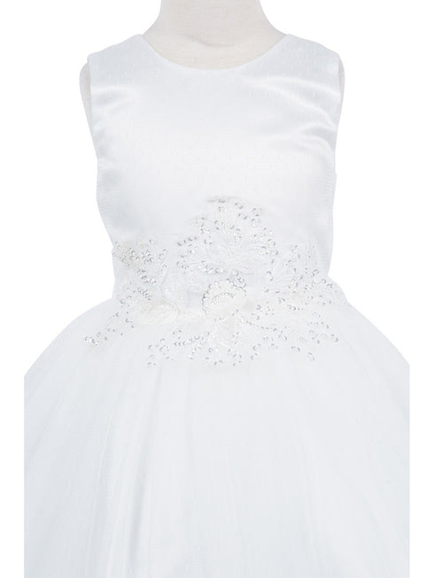 Girls Lala & Erina White Satin Tulle Sequin Patch Flower Girl Dress 2-12 SophiasStyle.com detail